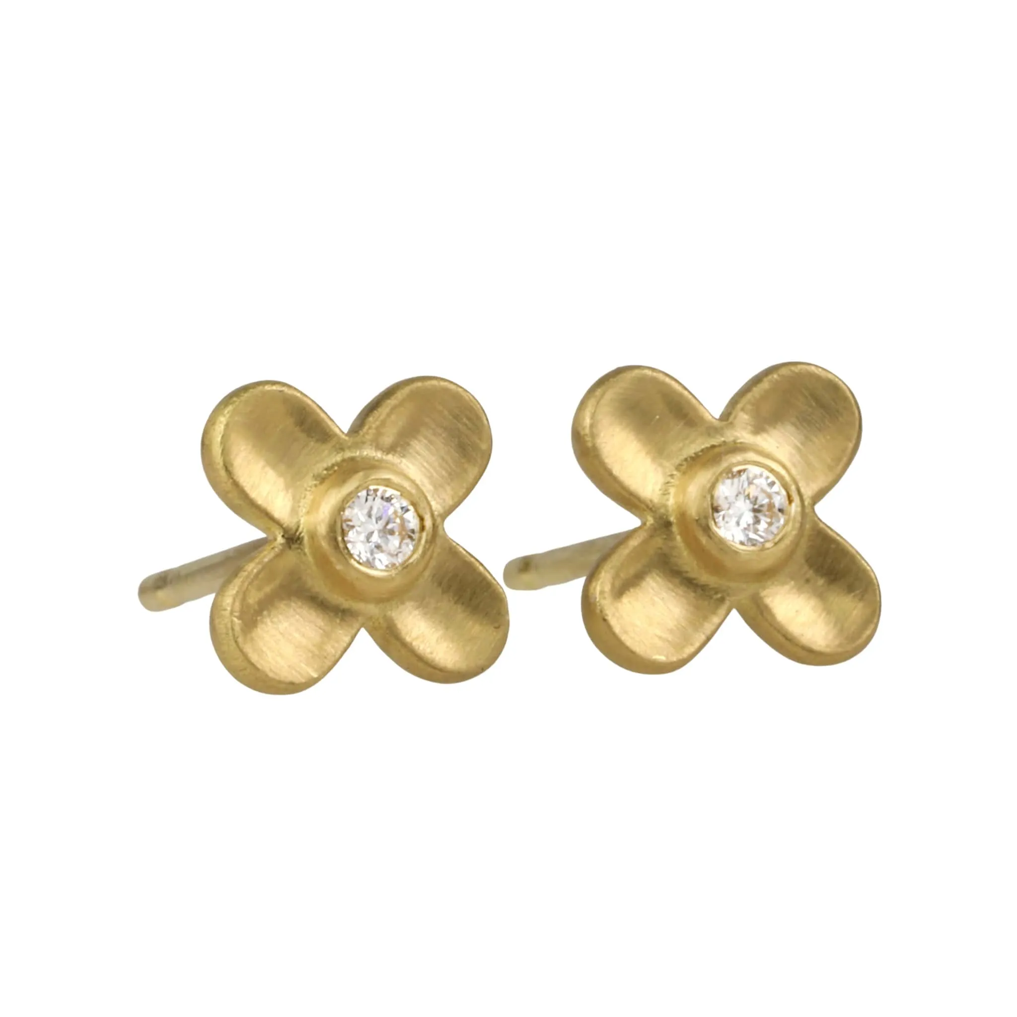 20K Gold Extra Small Four Petal Flower Stud Earrings with Diamonds