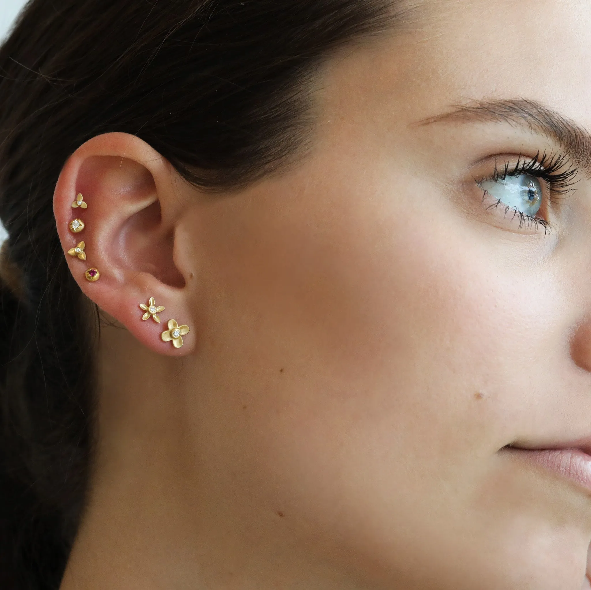 20K Gold Extra Small Four Petal Flower Stud Earrings with Diamonds