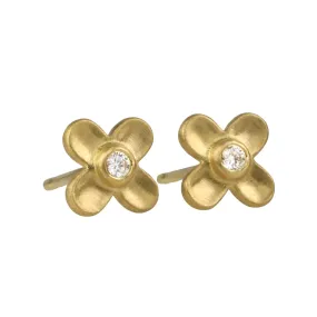 20K Gold Extra Small Four Petal Flower Stud Earrings with Diamonds