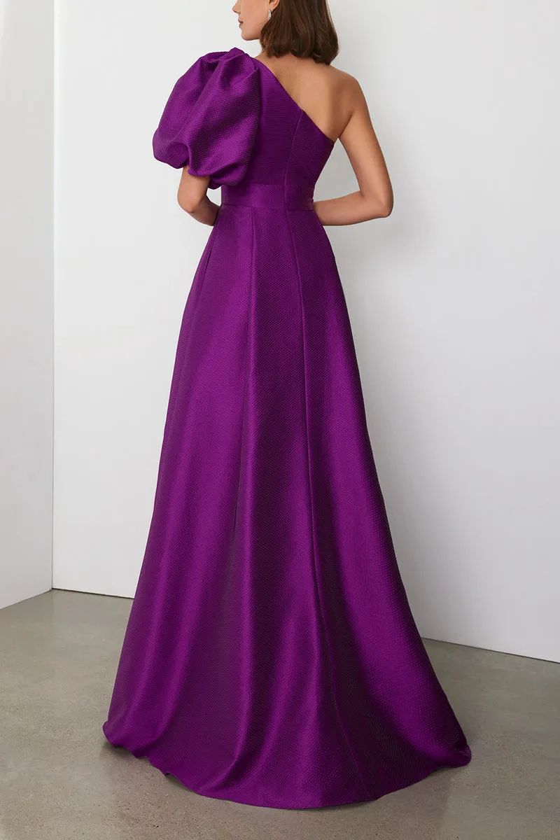 A-Line One Shoulder Puff Sleeves Empire Satin Cocktail Evening Dress QM3351