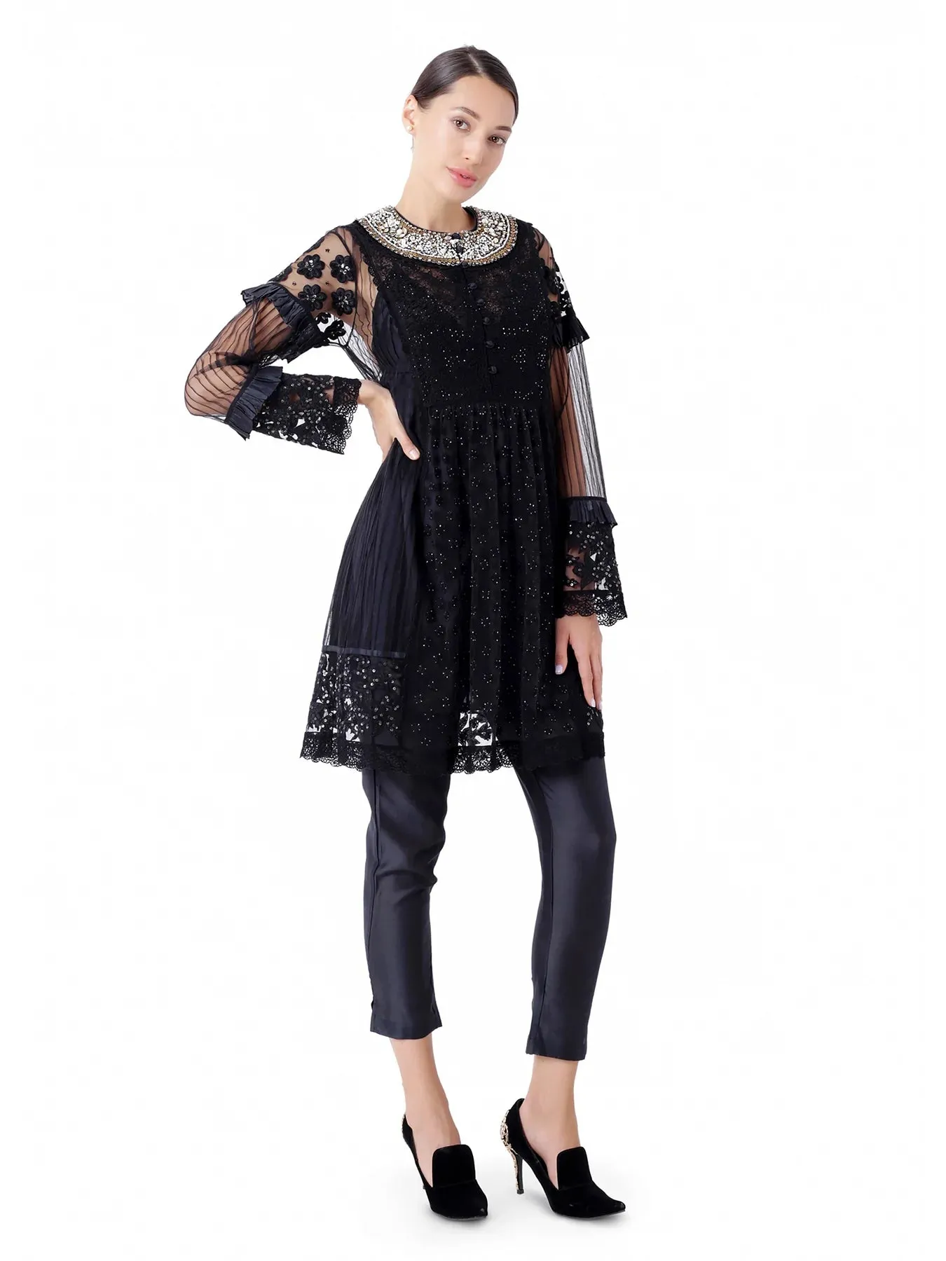 A-Line Tunic with Floral Threadwork Embroidery