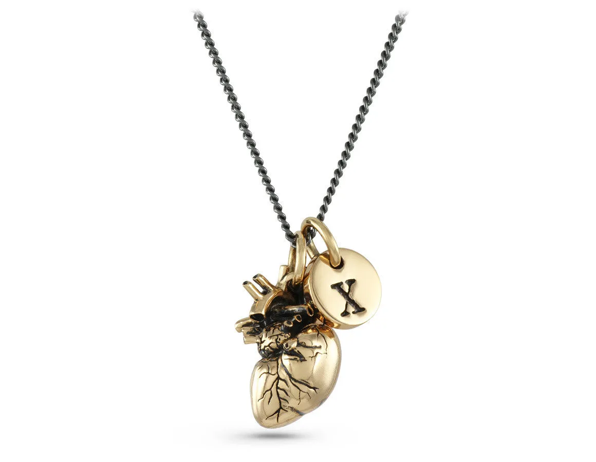 Anatomical Heart Necklace with Initial Charm - Bronze