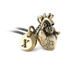 Anatomical Heart Necklace with Initial Charm - Bronze