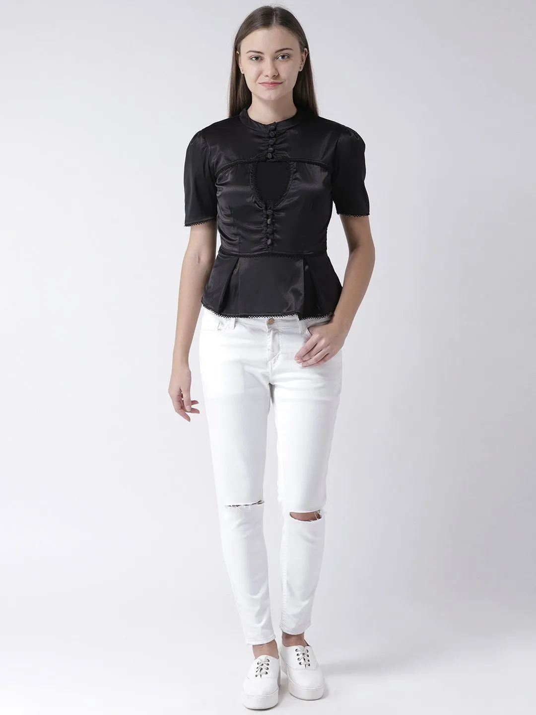 BLACK SATIN BLOUSE WITH LACE AND BUTTON DETAIL