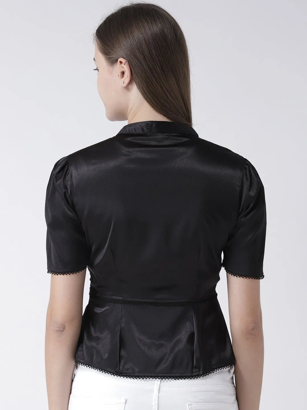 BLACK SATIN BLOUSE WITH LACE AND BUTTON DETAIL