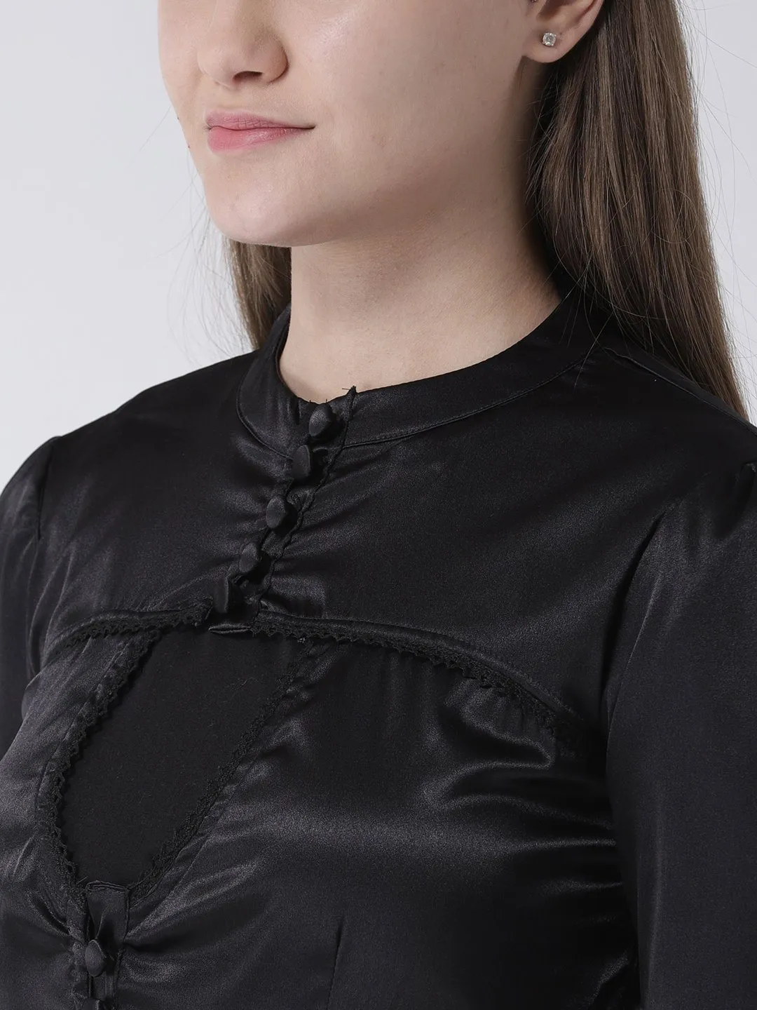 BLACK SATIN BLOUSE WITH LACE AND BUTTON DETAIL