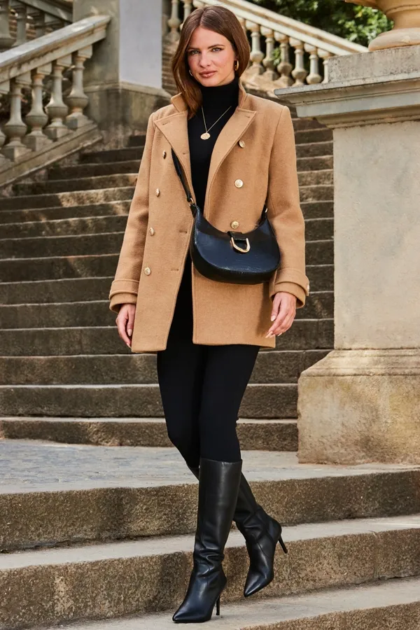 Camel Coat With Gold Button Detail