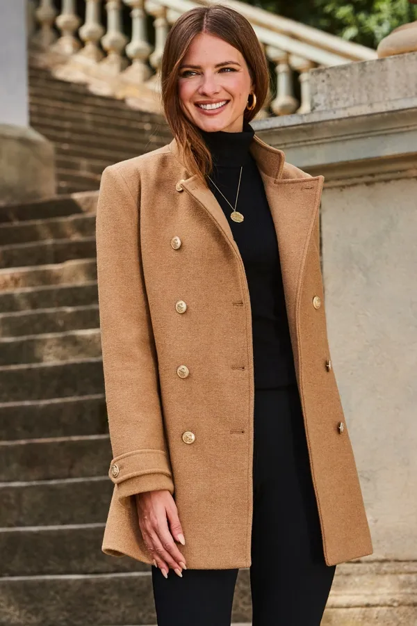 Camel Coat With Gold Button Detail