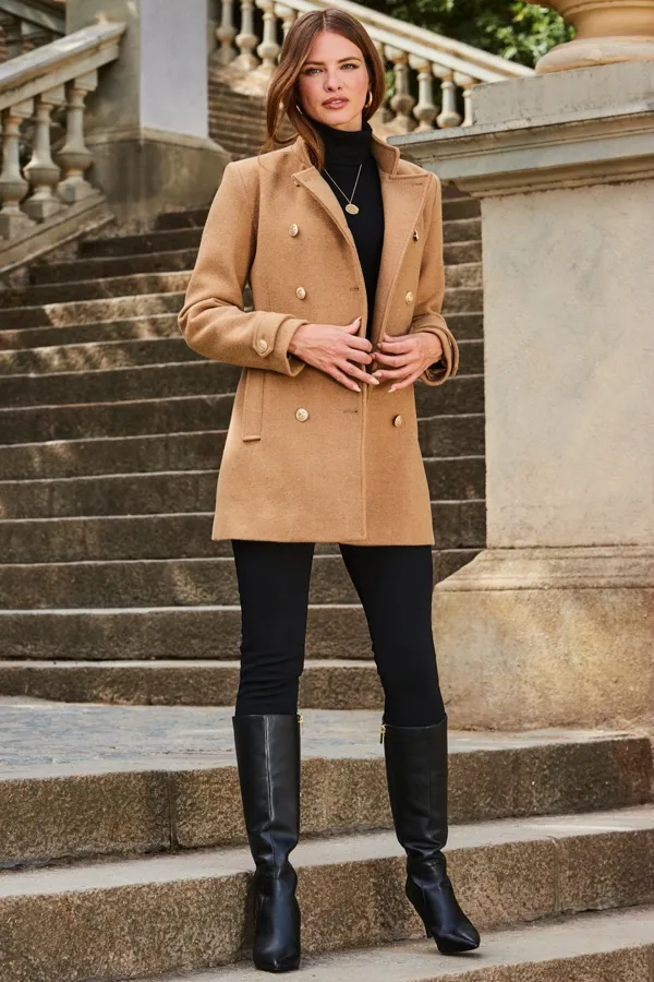 Camel Coat With Gold Button Detail