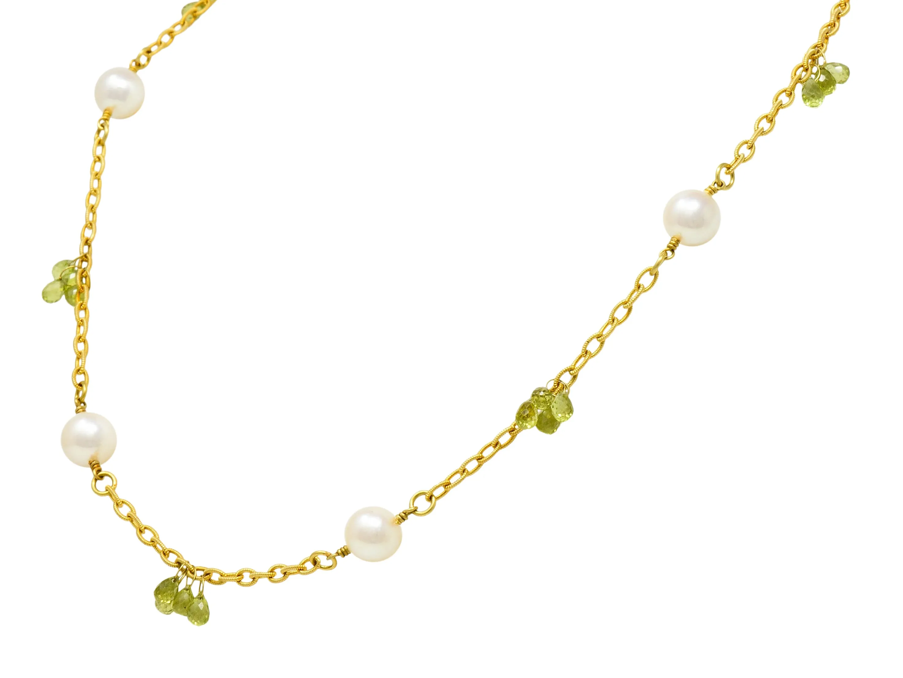 Contemporary Cultured Pearl Peridot 18 Karat Gold Station Necklace