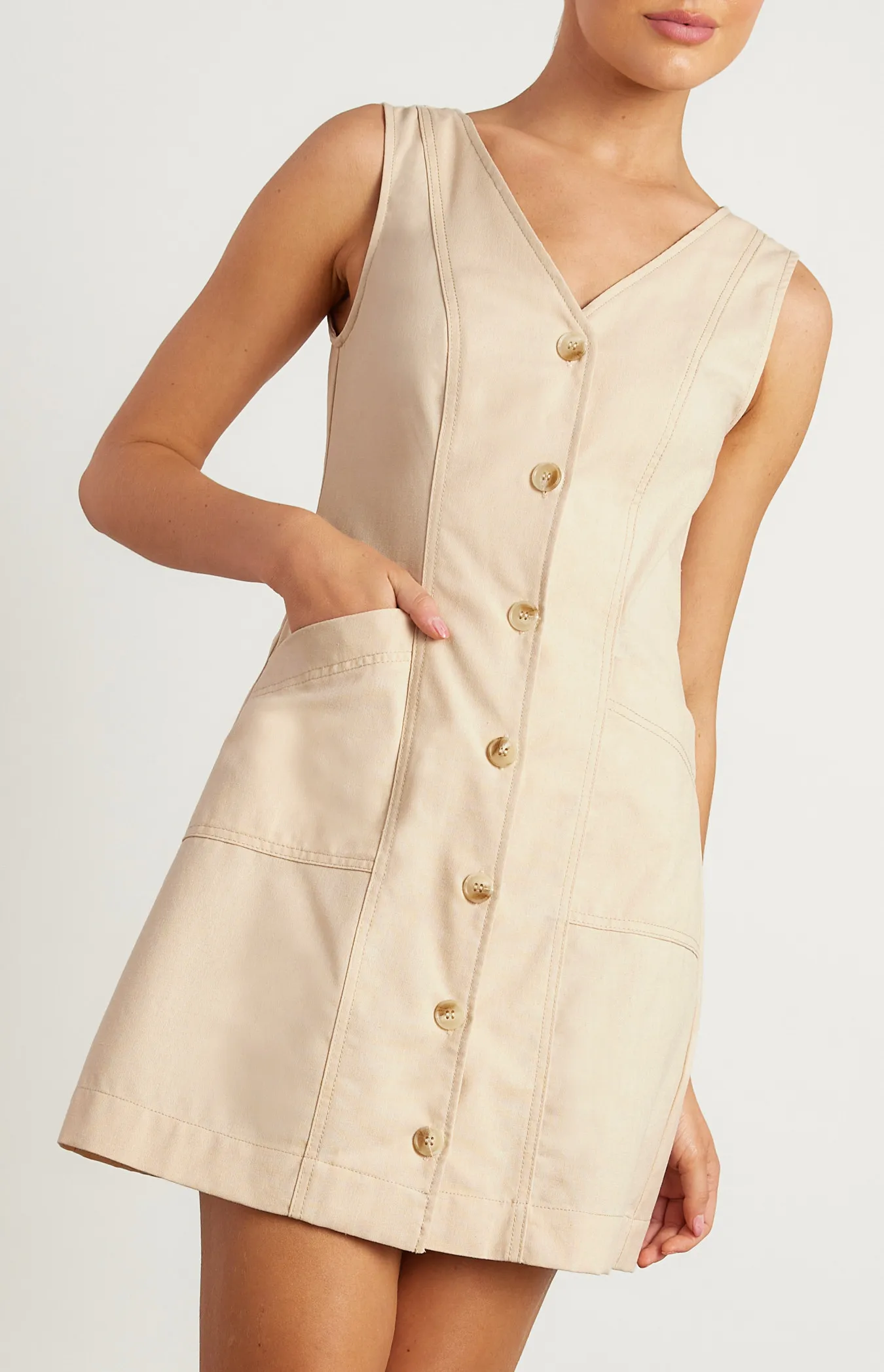 Cotton Linen Contrast Stitching Detail Vest Dress (WDR727B)