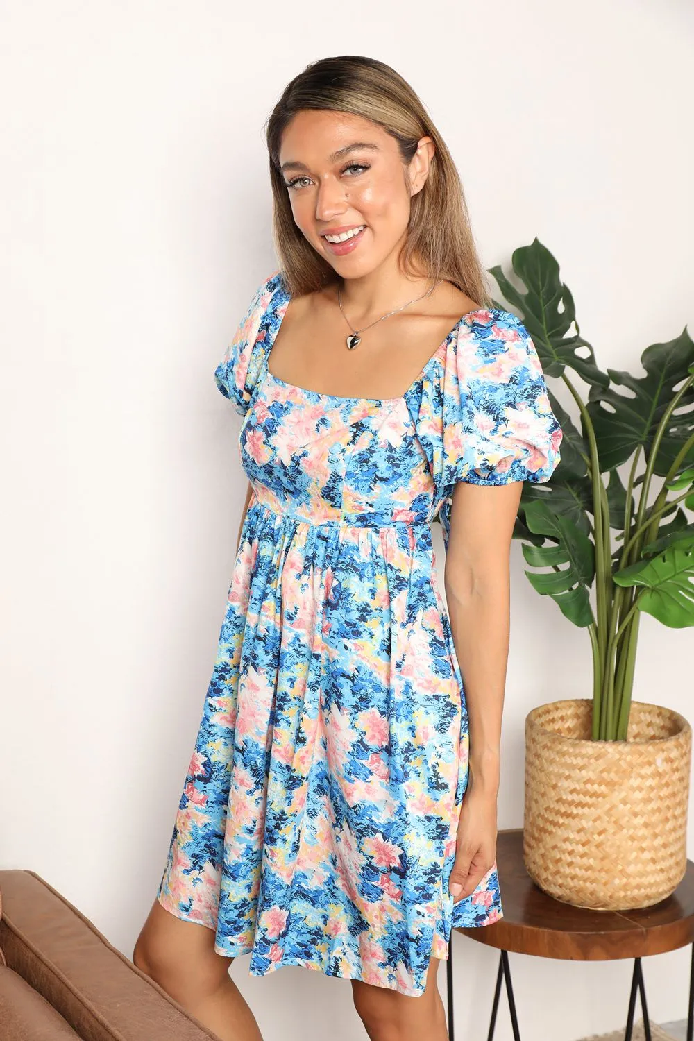 Double Take Floral Square Neck Puff Sleeve Dress