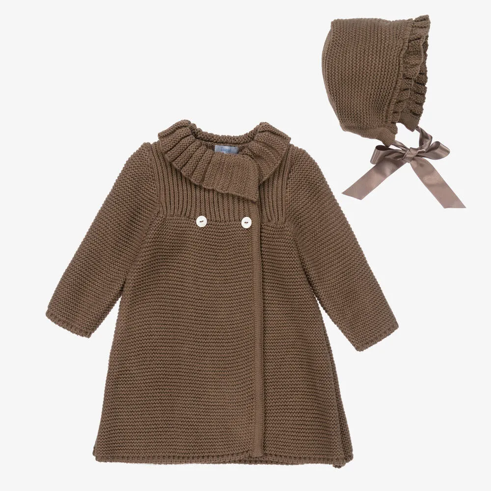 Girls Brown Knitted Coat Set