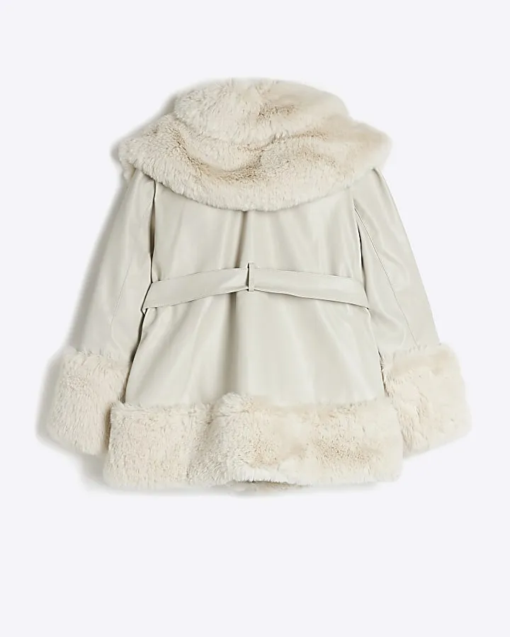 Girls Cream Faux Fur Belted Coat