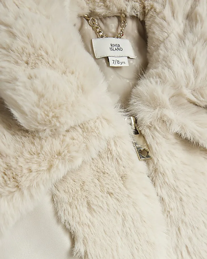 Girls Cream Faux Fur Belted Coat