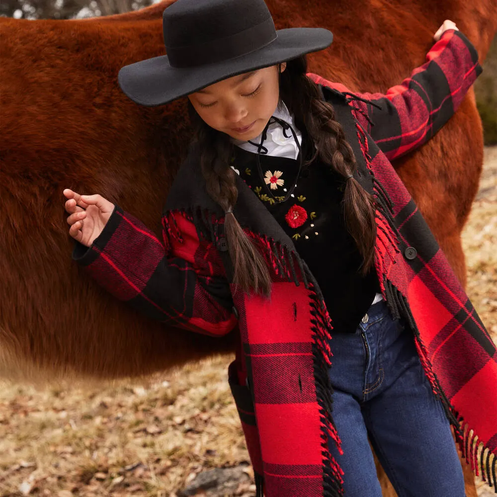 Girls Red Tartan Check Wool Coat