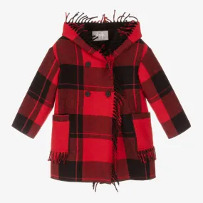 Girls Red Tartan Check Wool Coat