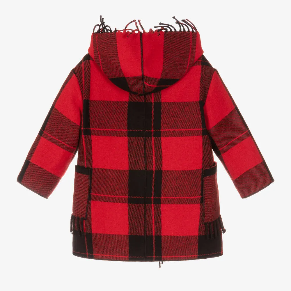 Girls Red Tartan Check Wool Coat