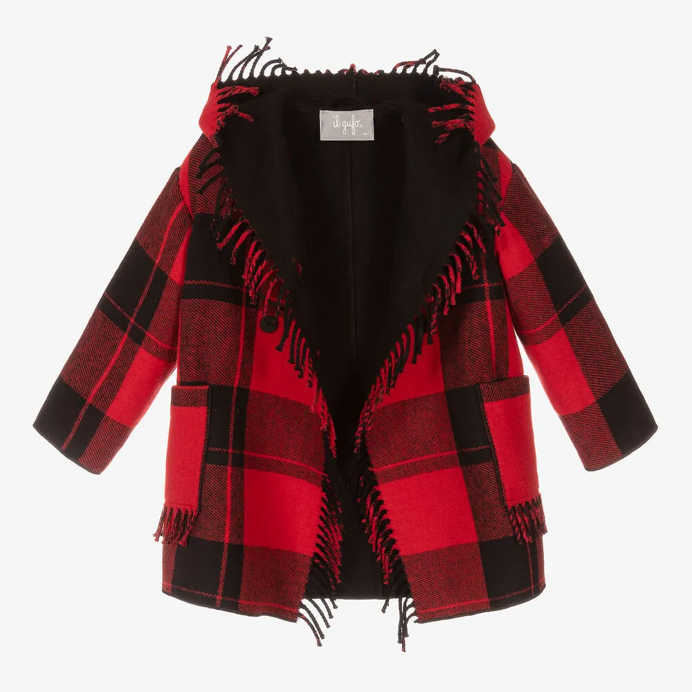 Girls Red Tartan Check Wool Coat