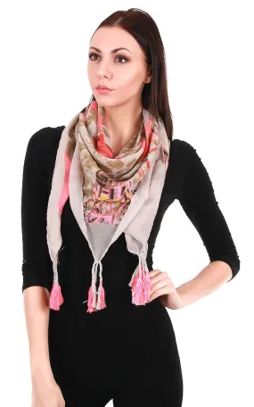 GPS207 Tan Bird Print Square Scarf