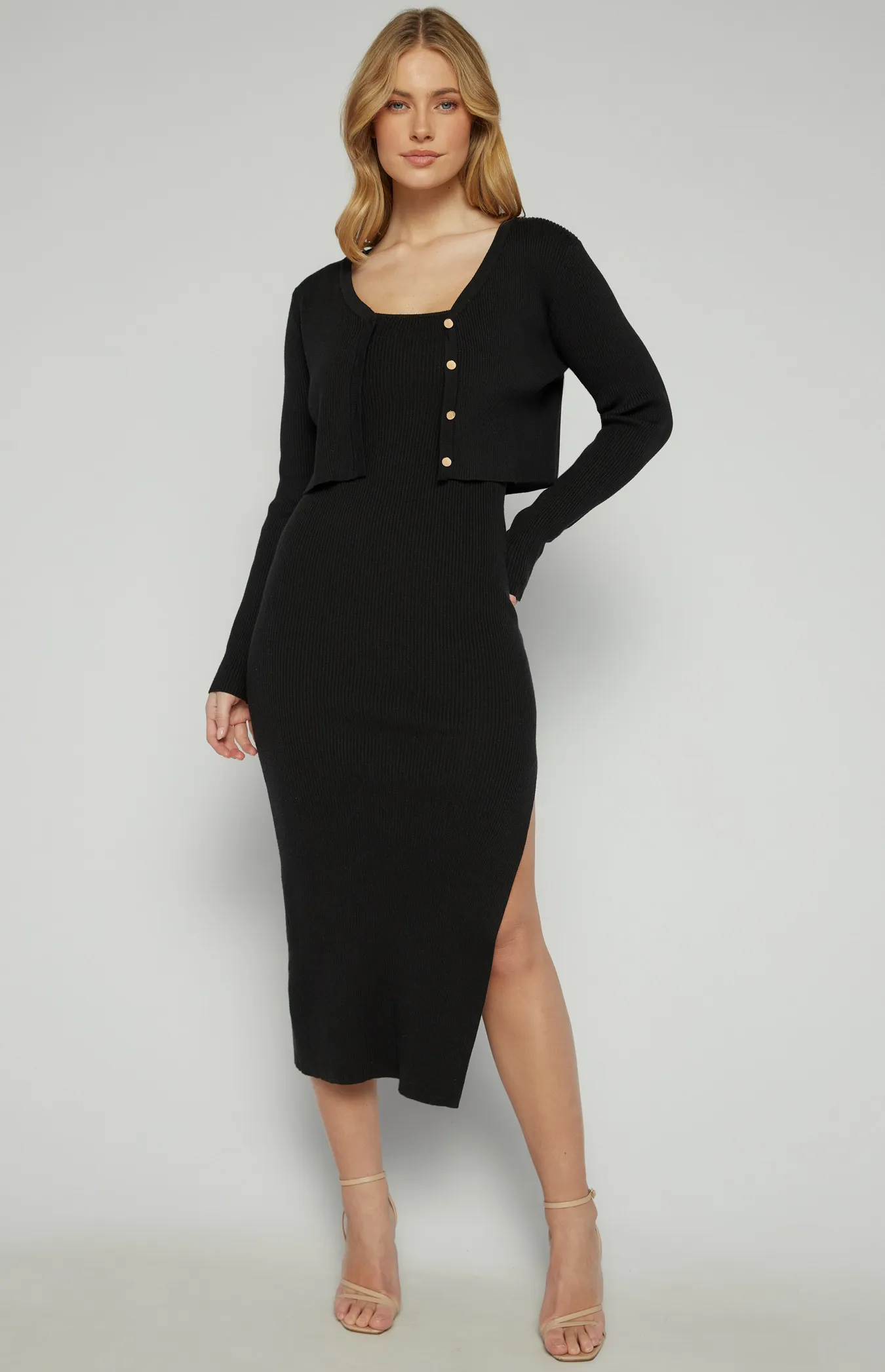 Knit Midi Dress with Matching Cardigan Set (SKN834)