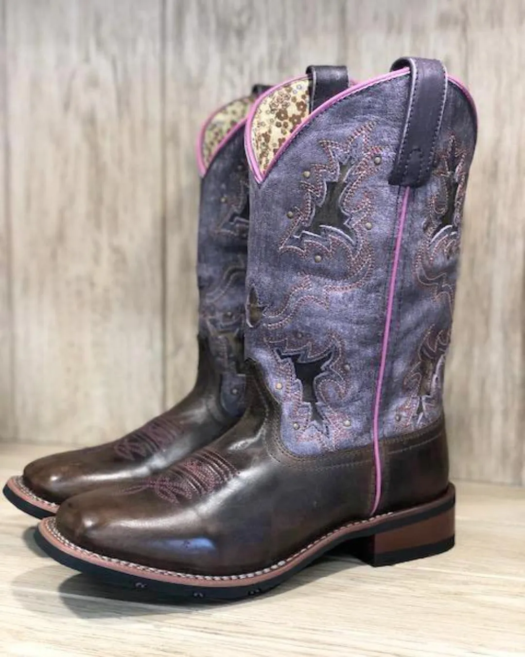 Laredo Women's Lola Tan & Purple Inlay Square Toe Cowgirl Boots 5657