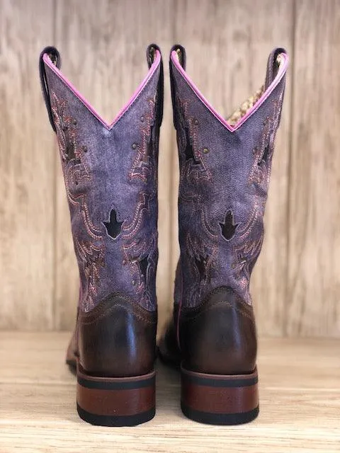 Laredo Women's Lola Tan & Purple Inlay Square Toe Cowgirl Boots 5657