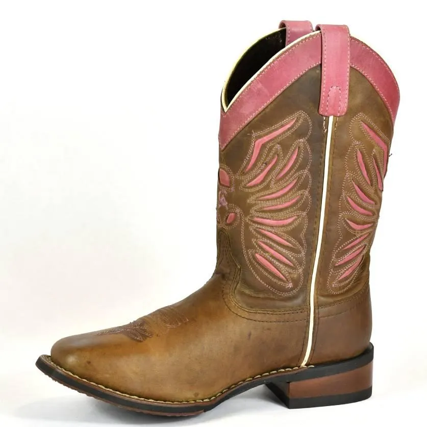 Laredo Women's Western Boot-Square Toe-Brown Leather-Mauve Trim Boots 4-78