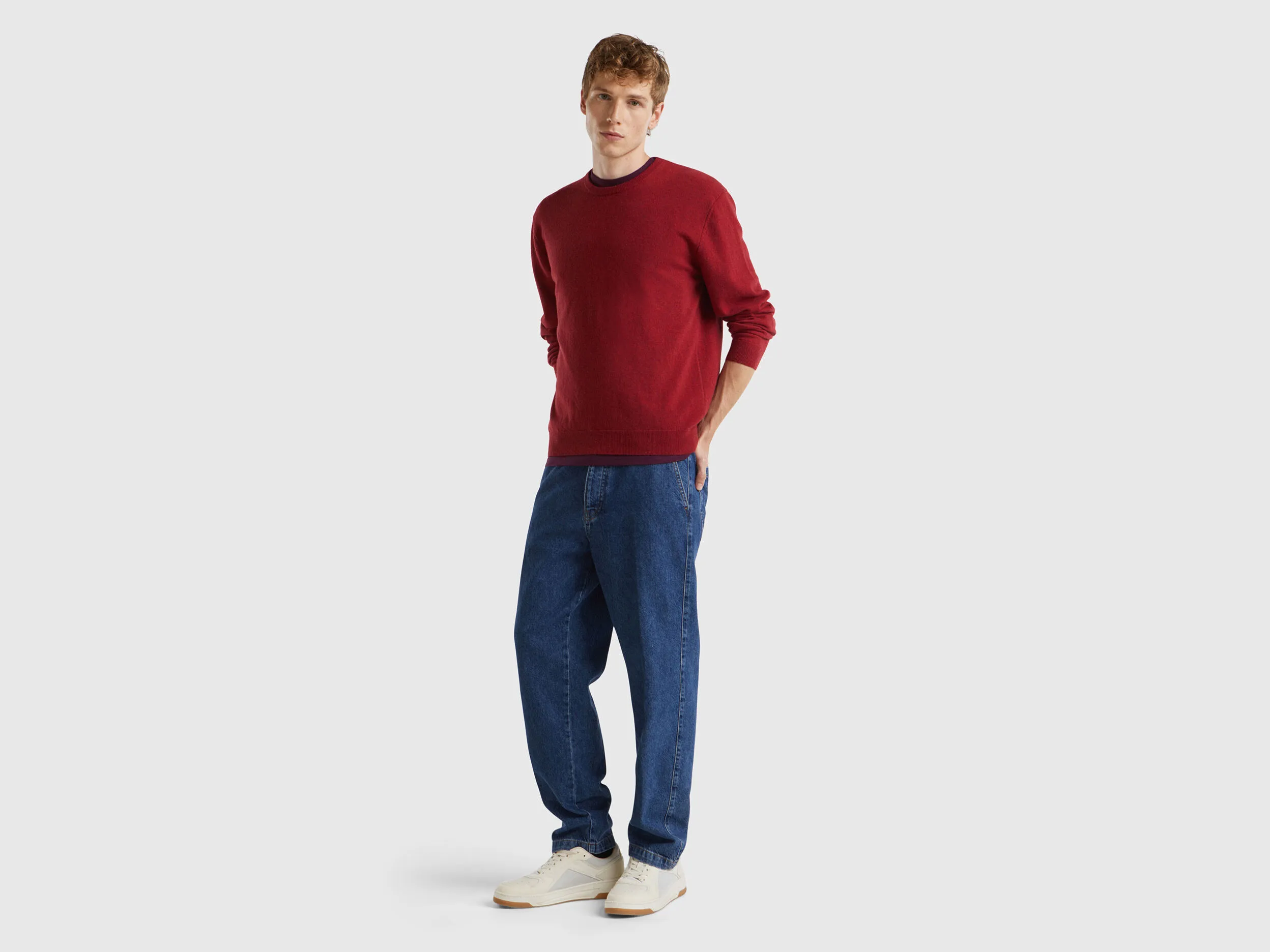 Marl red crew neck sweater in pure Merino wool - Red | Benetton