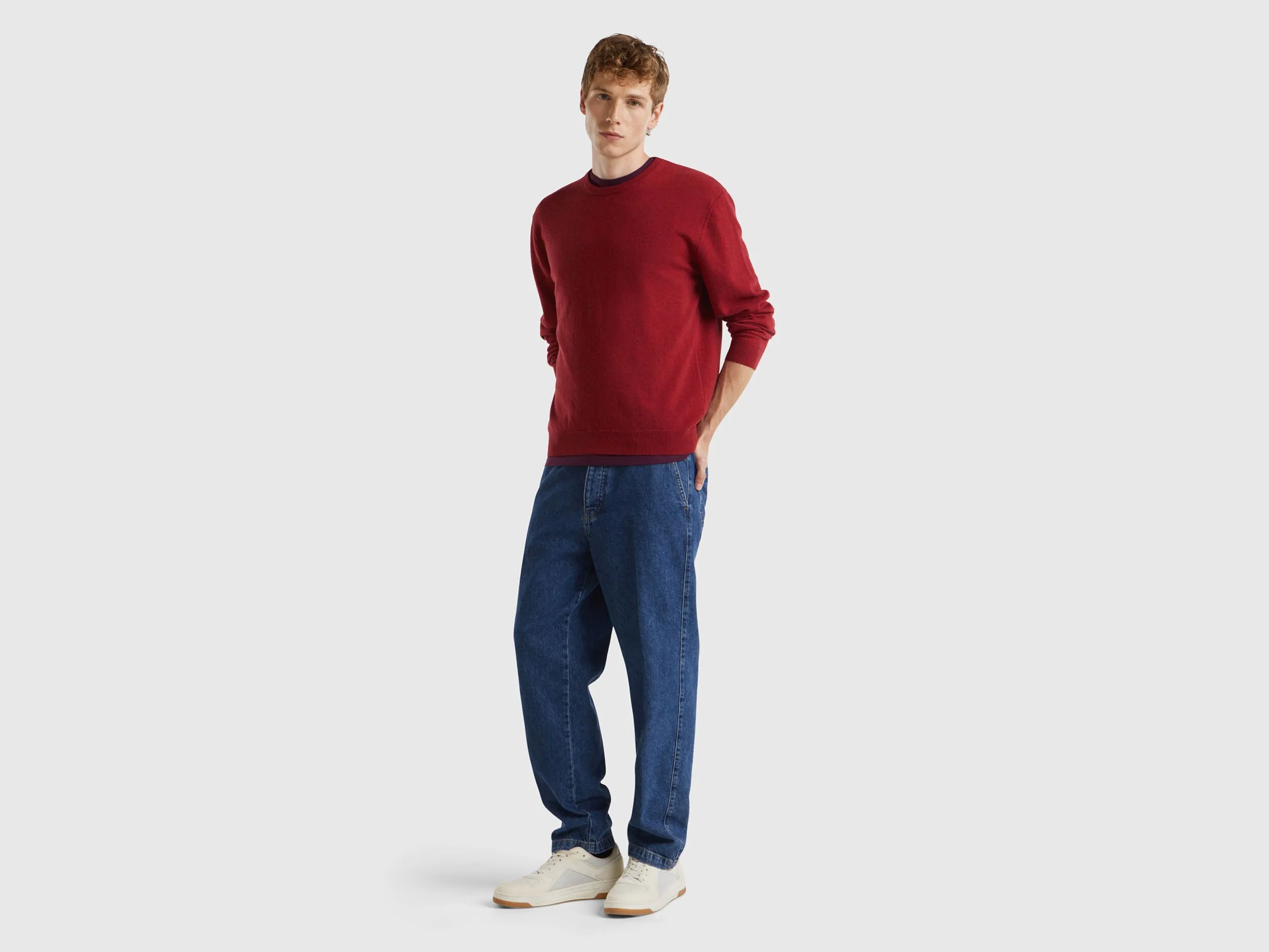 Marl red crew neck sweater in pure Merino wool - Red | Benetton