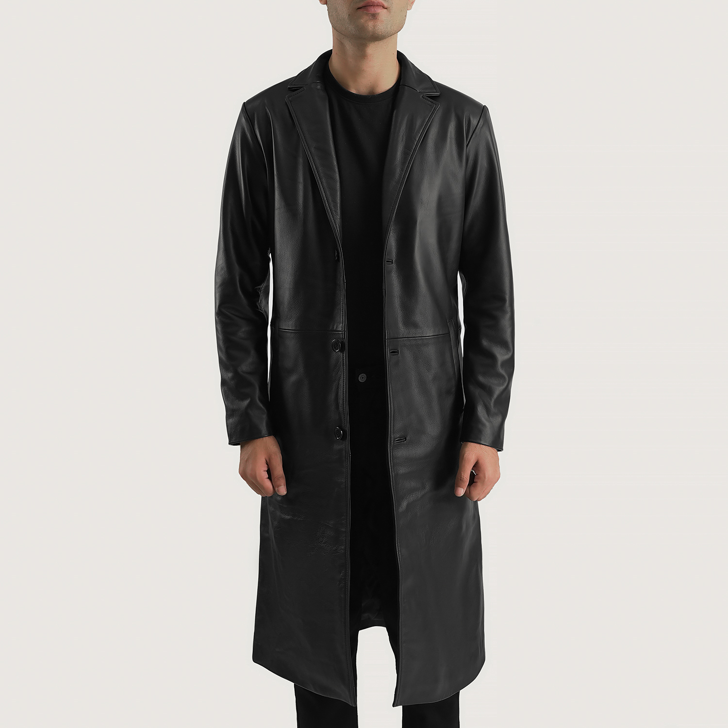 Mateo Black Leather Single Breasted Coat