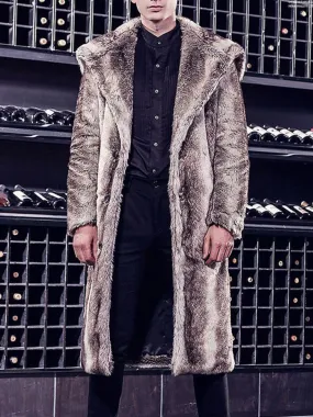 Men Brown Coat Two Tone Turndown Collar Winter Overcoat Longline Faux Fur Coat