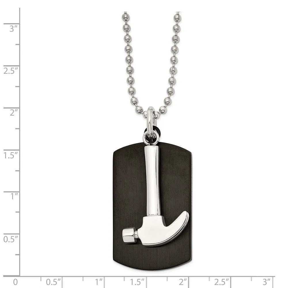 Mens Stainless Steel & Black Plated Hammer & Dog Tag Necklace, 24 Inch