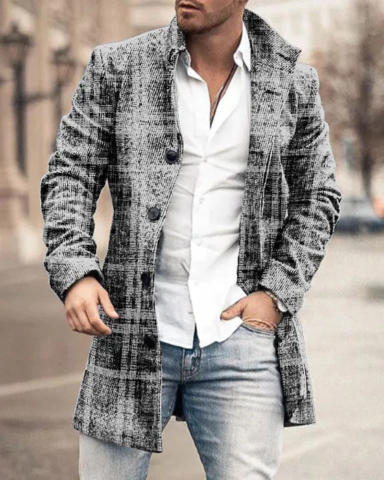 New Men's Woolen Stand Collar Medium Long Pocket Casual Coat