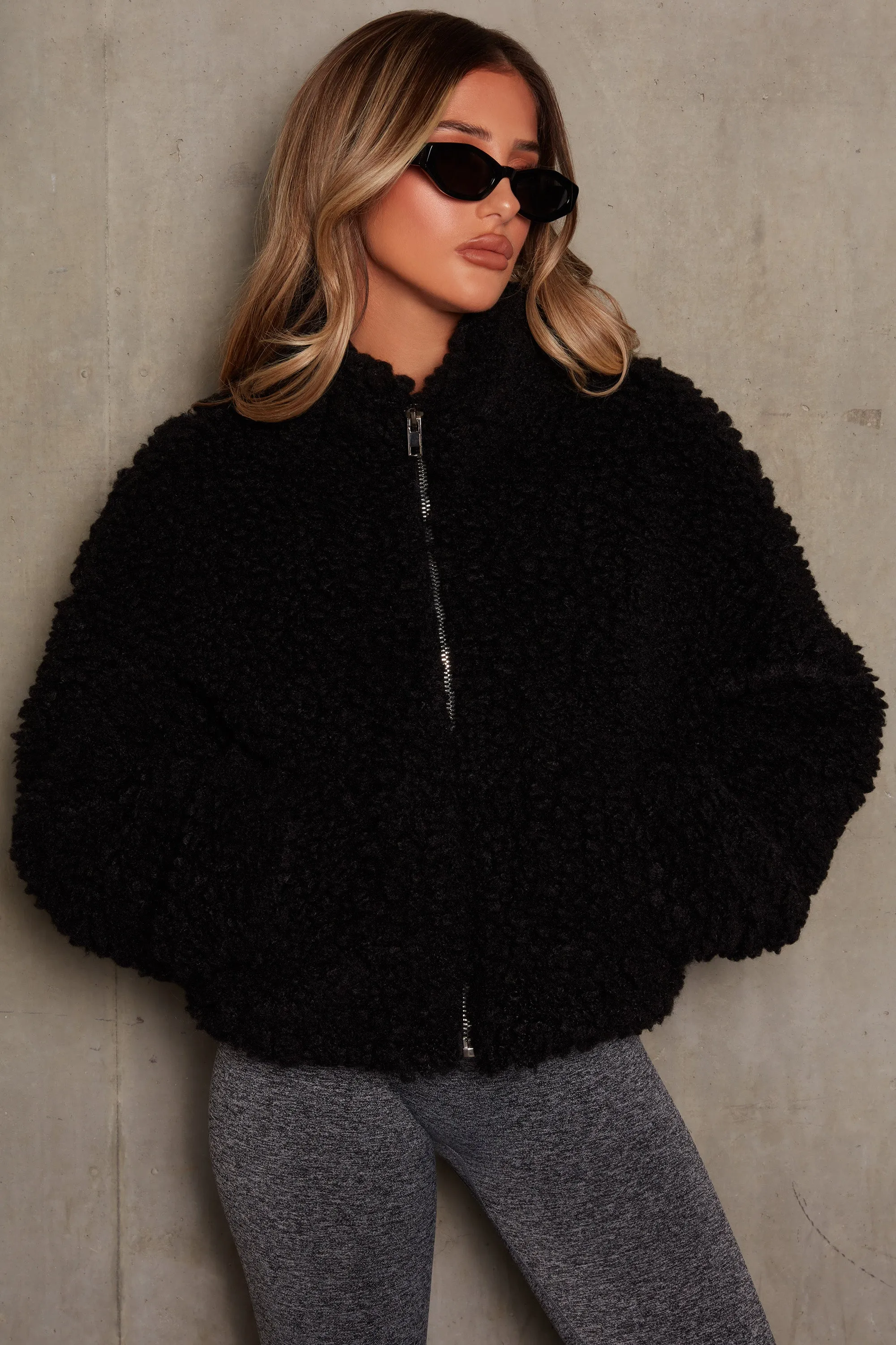 Oversized Boucle Teddy Coat in Black