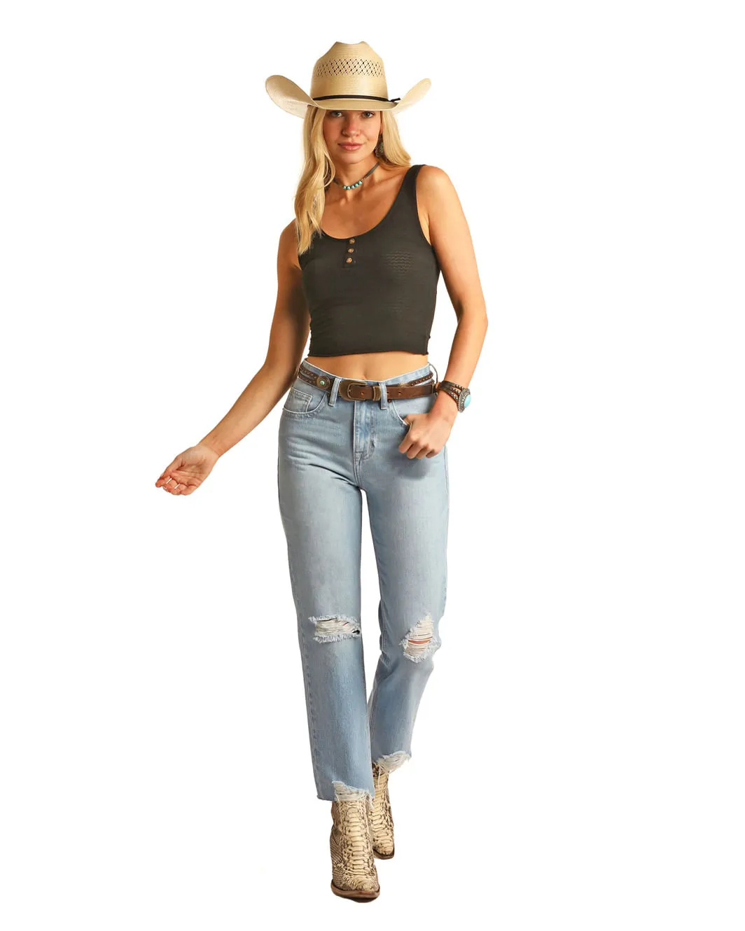 Panhandle Slim Womens Distressed Straight Crop Jeans