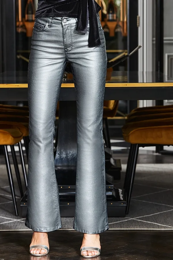 Petite Pewter Metallic Premium Kick Flare Jeans