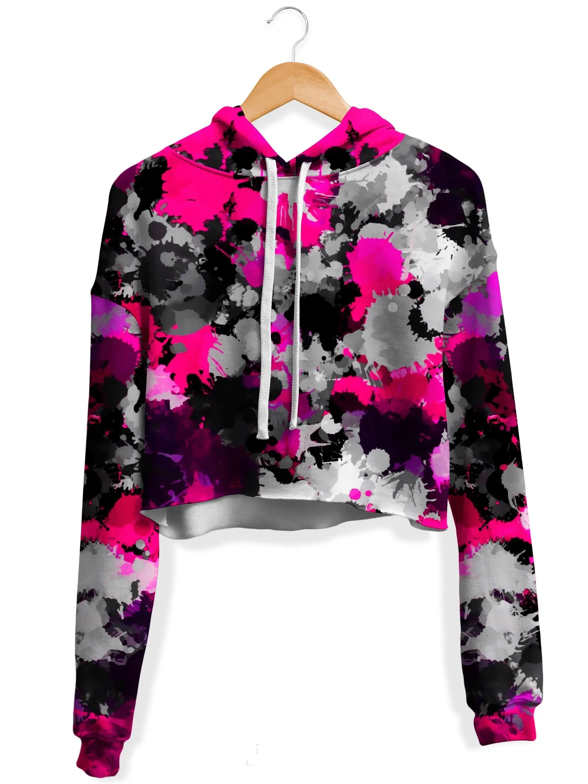 Pink and Grey Paint Splatter Fleece Crop Hoodie