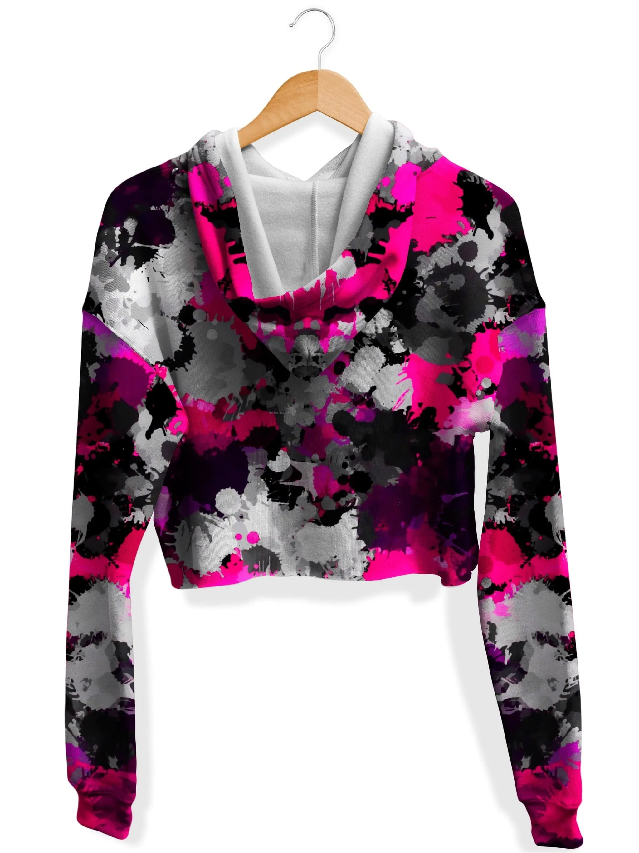 Pink and Grey Paint Splatter Fleece Crop Hoodie