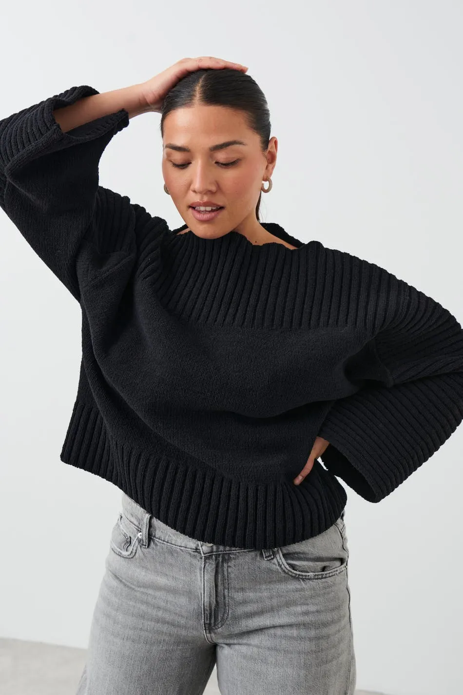 Rib boatneck knit sweater