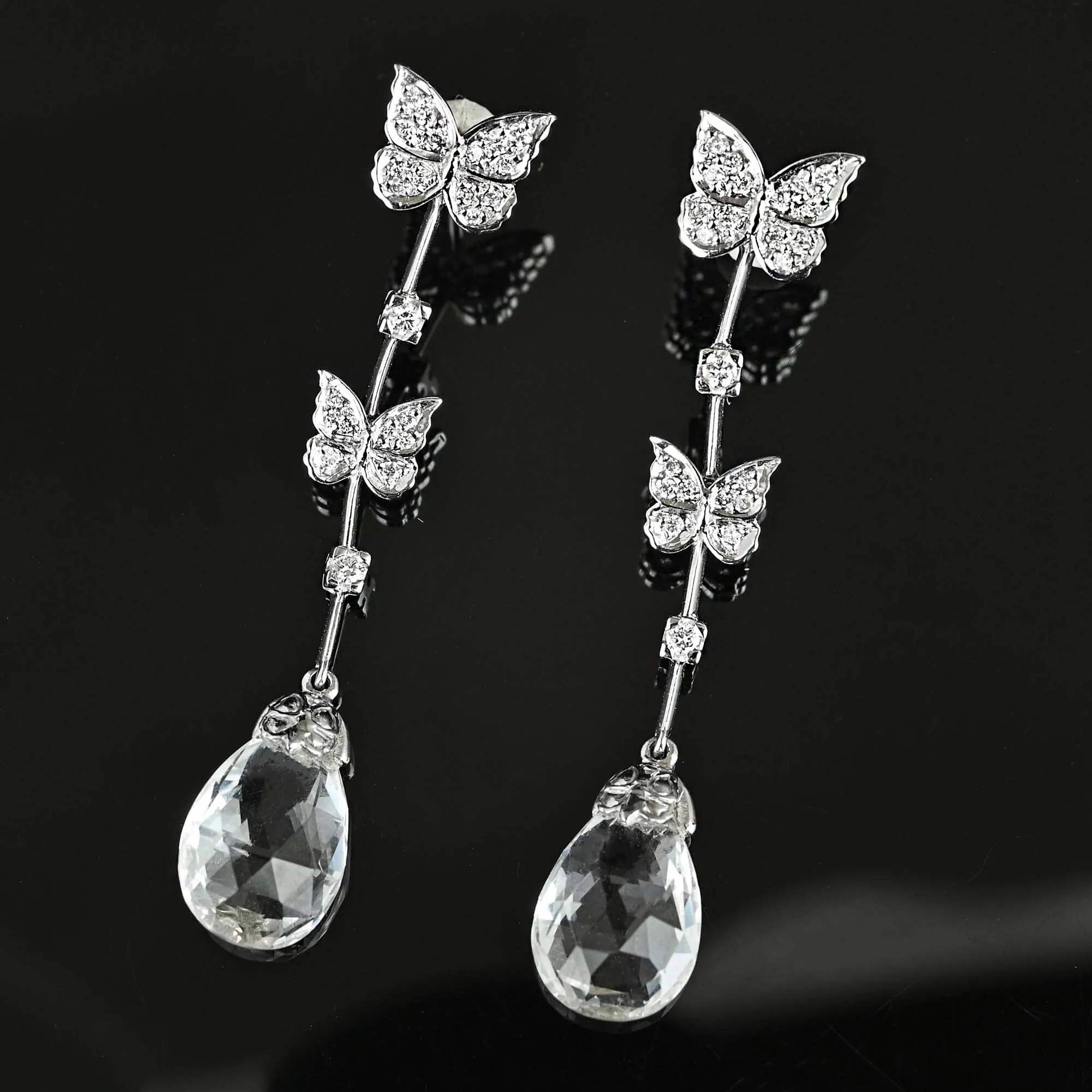 Rock Crystal Diamond Butterfly Earrings in 18K White Gold