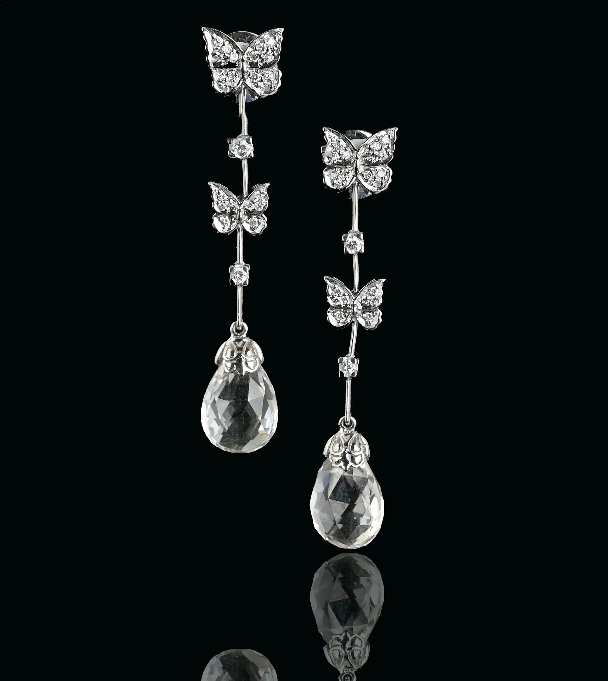 Rock Crystal Diamond Butterfly Earrings in 18K White Gold