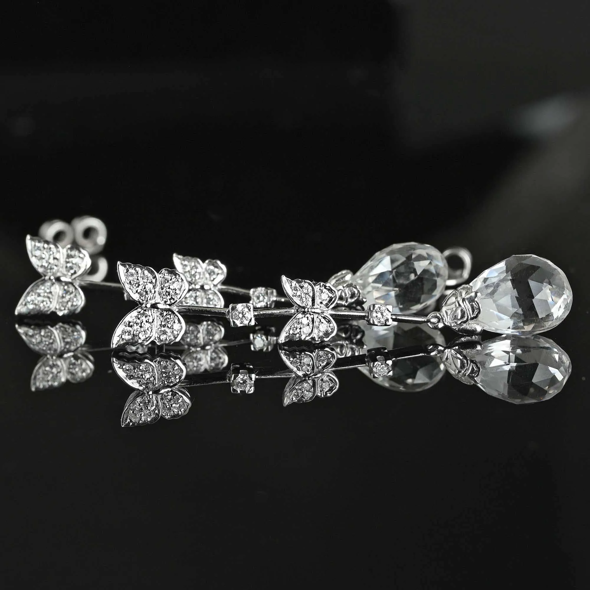 Rock Crystal Diamond Butterfly Earrings in 18K White Gold