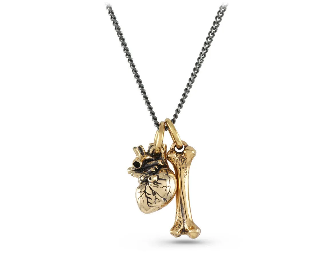 Small Anatomical Heart & Bone Necklace - Bronze