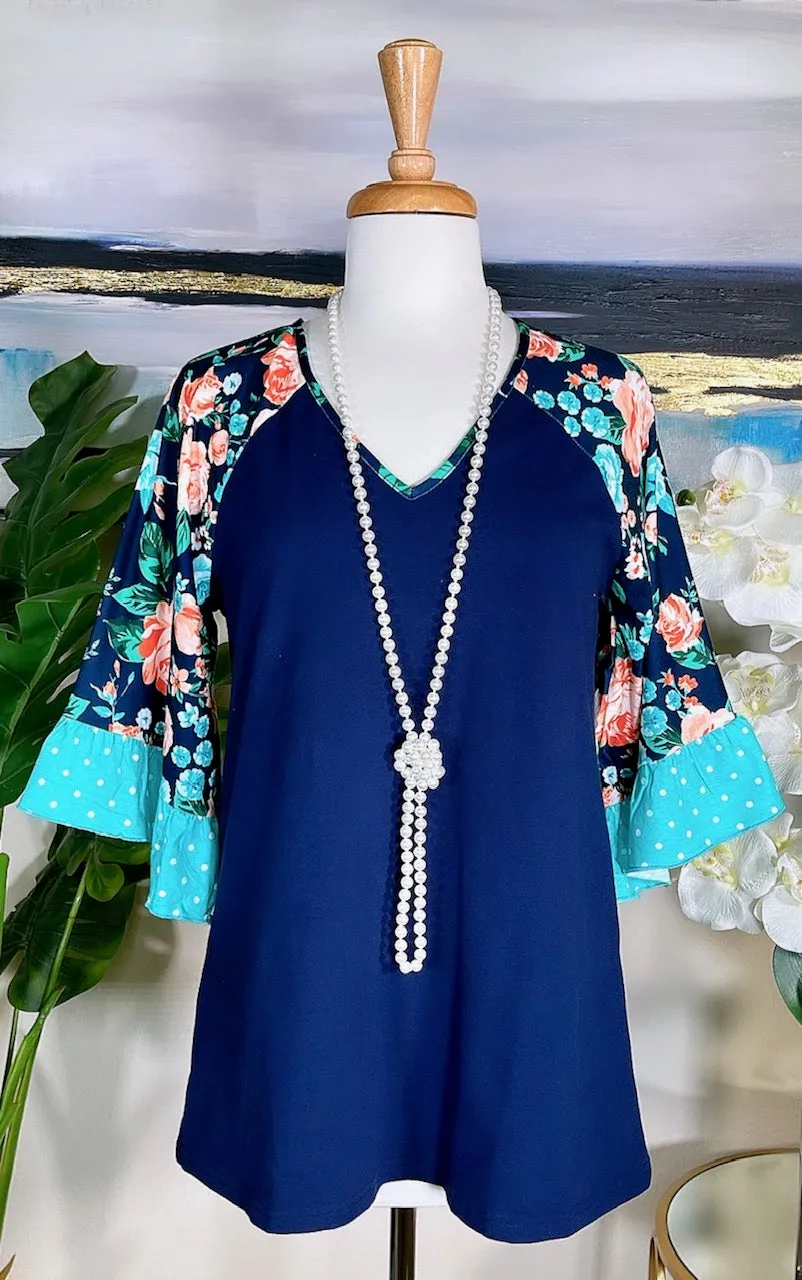 SMALL:  Navy Blouse with Floral Bell Sleeves