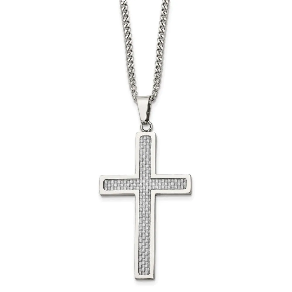 Stainless Steel & Gray Carbon Fiber Large Cross Necklace, 20 Inch