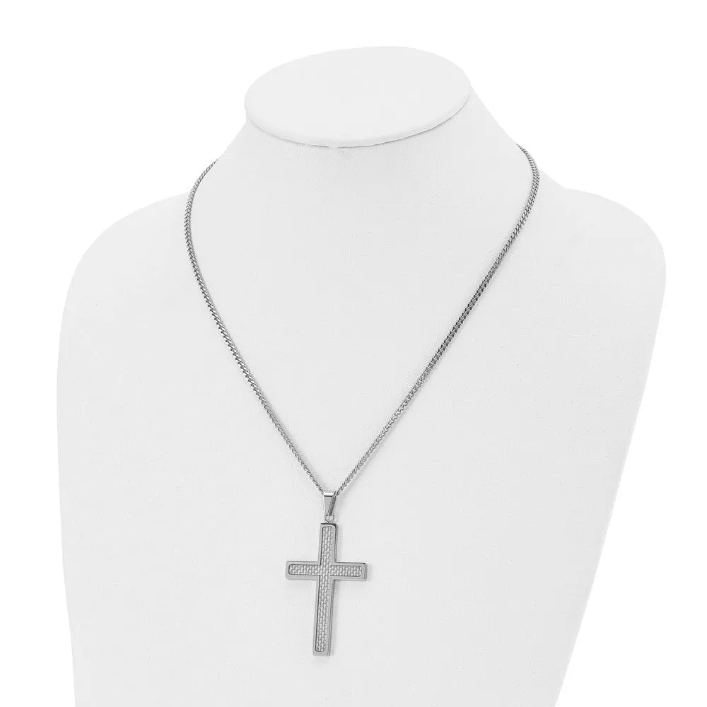 Stainless Steel & Gray Carbon Fiber Large Cross Necklace, 20 Inch