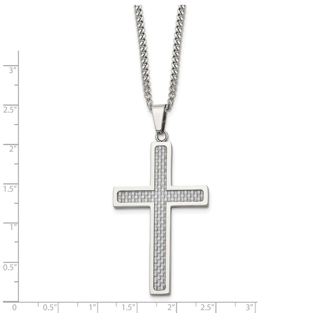 Stainless Steel & Gray Carbon Fiber Large Cross Necklace, 20 Inch