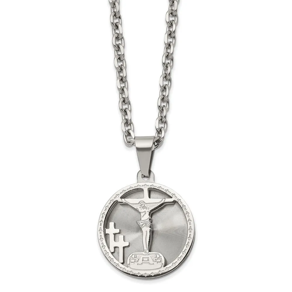 Stainless Steel 26mm Round Laser Cut Crucifix Necklace, 24 Inch