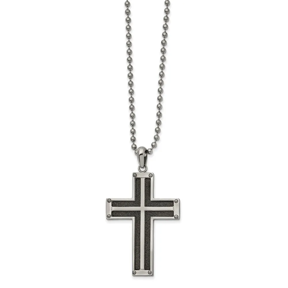 Stainless Steel Black Plated Polished Laser Cut Cross Necklace, 22 In